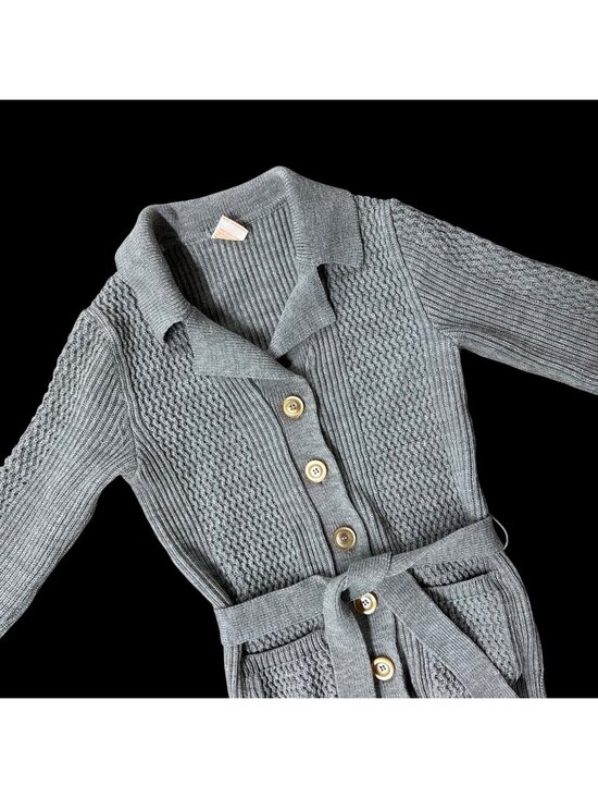 Acrylic Fibre Sweaters - Vintage Gray Cardigan Sweater Belt Small Acrylic 1970s Ribbed Long Sleeve
